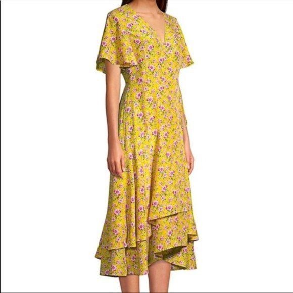 ROBERTA ROLLER RABBIT PINK FLORAL RUFFLE HEM WRAP FLUTTER SLEEVE MIDI DRESS S - Picture 2 of 7